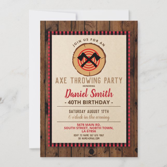 Invitación Ax Lanzar Cumpleaños Fun Wood Lumberjack Plaid (Anverso)