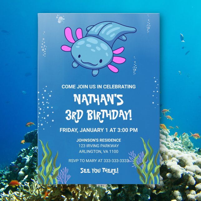Invitación Axolotl Azul Subacuático Cumpleaños Divertido Niño (Subido por el creador)
