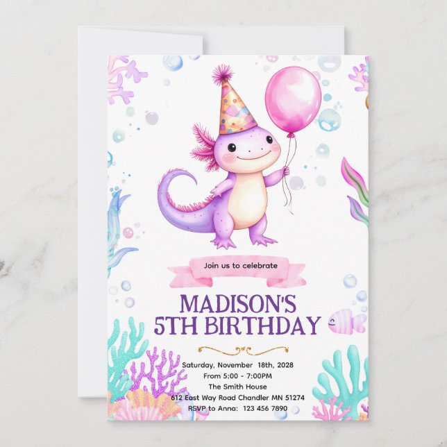 Invitación Axolotl Birthday party invitation (Anverso)