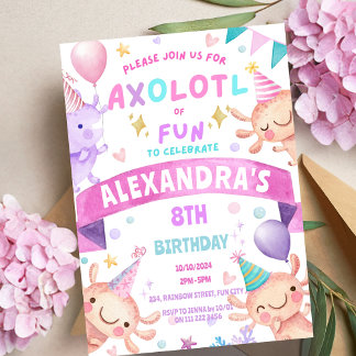 Invitación Axolotl Chica Rosa Cute Salamander Cumpleaños Acuá