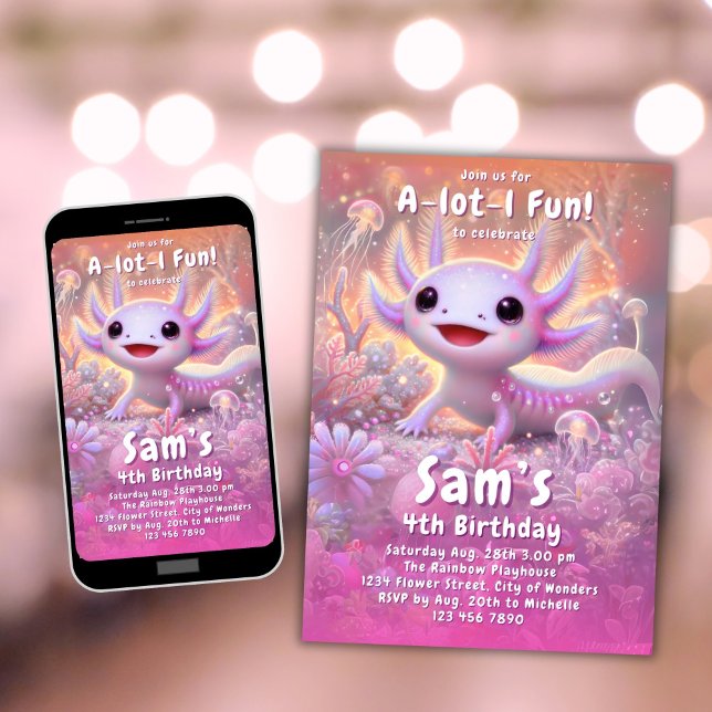 Invitación Axolotl Chicas invitantes de cumpleaños Pink Axolo (Subido por el creador)