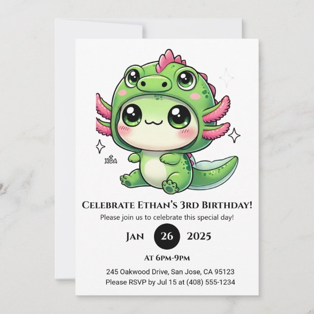 Invitación Axolotl con sombrero de dragón cumpleaños (Anverso)