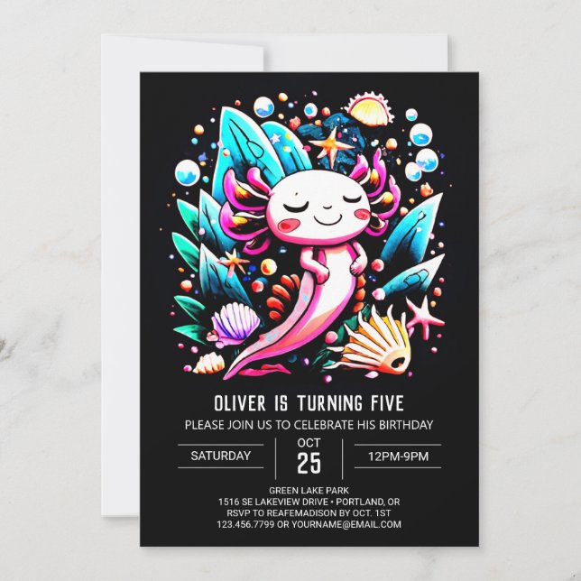 Invitación Axolotl Cute Encantado Cumpleaños (Anverso)