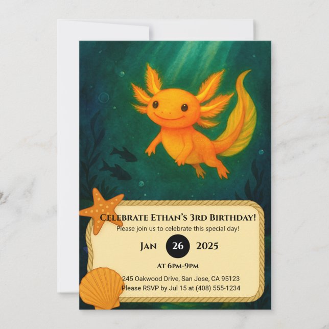 Invitación Axolotl dorado en el cumpleaños del estanque onlit (Anverso)