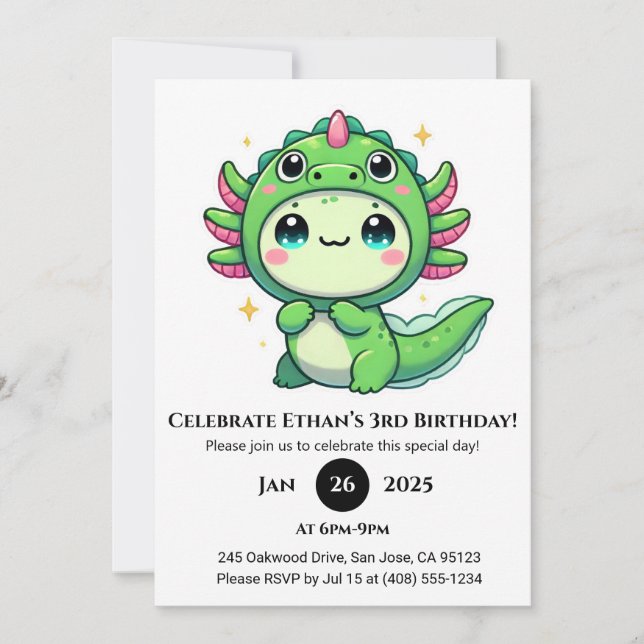 Invitación Axolotl en Dragon Gorra Cumpleaños (Anverso)