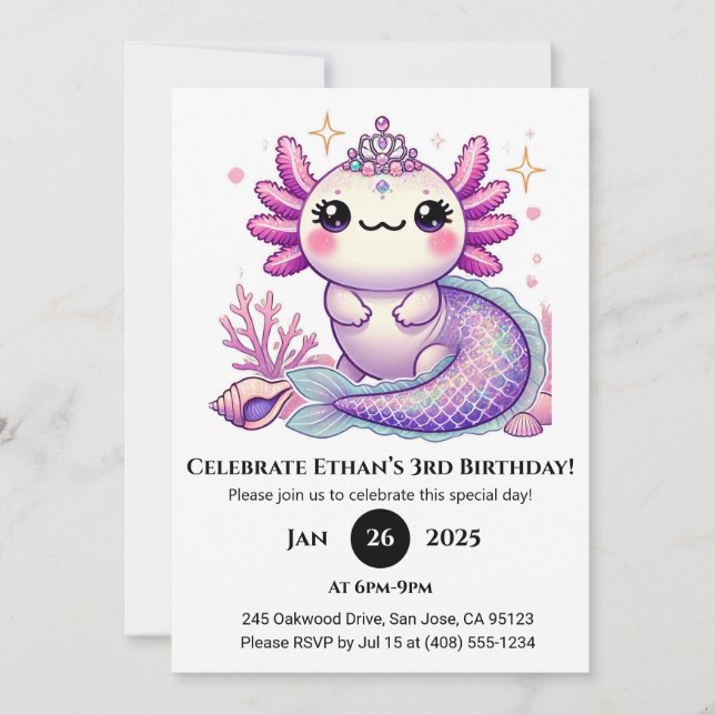 Invitación Axolotl Mermaid Princess Birthday (Anverso)