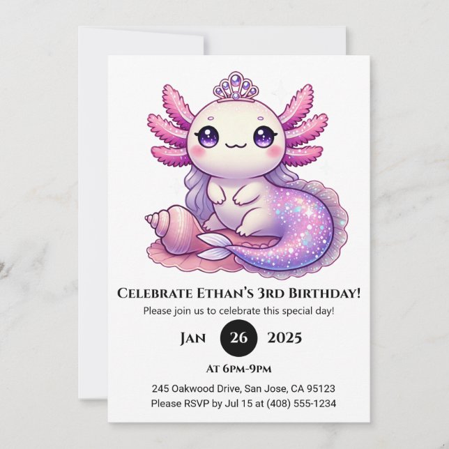 Invitación Axolotl Mermaid Princess Cumpleaños (Anverso)