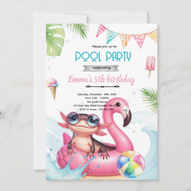 Invitación Axolotl Pool party theme invitation (Anverso)