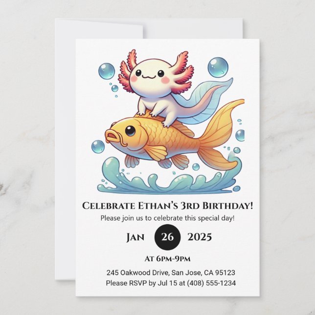 Invitación Axolotl Riding Goldfish Cumpleaños (Anverso)