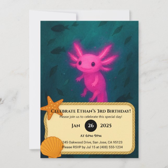 Invitación Axolotl rosa brillante Cumpleaños subacuático (Anverso)