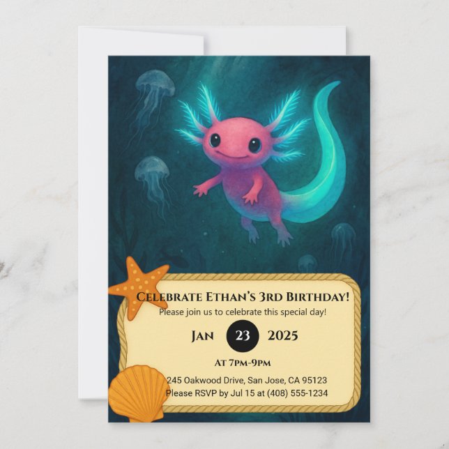 Invitación Axolotl rosa entre los cumpleaños de las medusas (Anverso)