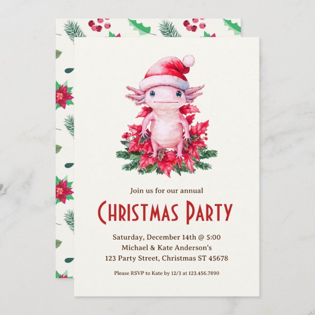 Invitación Axolotl Santa Hat Poinsettias Navidades Fiesta (Anverso / Reverso)
