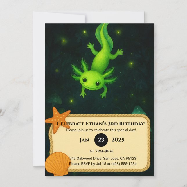 Invitación Axolotl verde brillante en el cumpleaños del panta (Anverso)