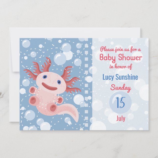 Invitación Axolotl y las burbujas - Blue Water Baby Shower (Anverso)
