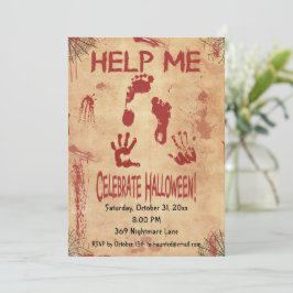 Invitación AYÚDAME Huella ensangrentada y mano de Halloween