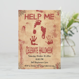 Invitación AYÚDAME Huella ensangrentada y mano de Halloween