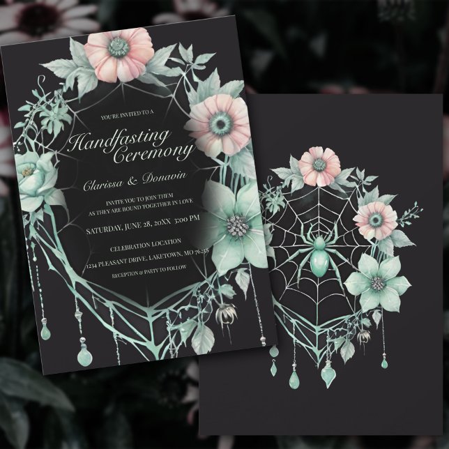 Invitación Ayuno de la red de la Casa de la Moneda Verde Arañ (Gothic Handfasting Invitation Floral Spiderweb in Mint Green and Blush Pink)