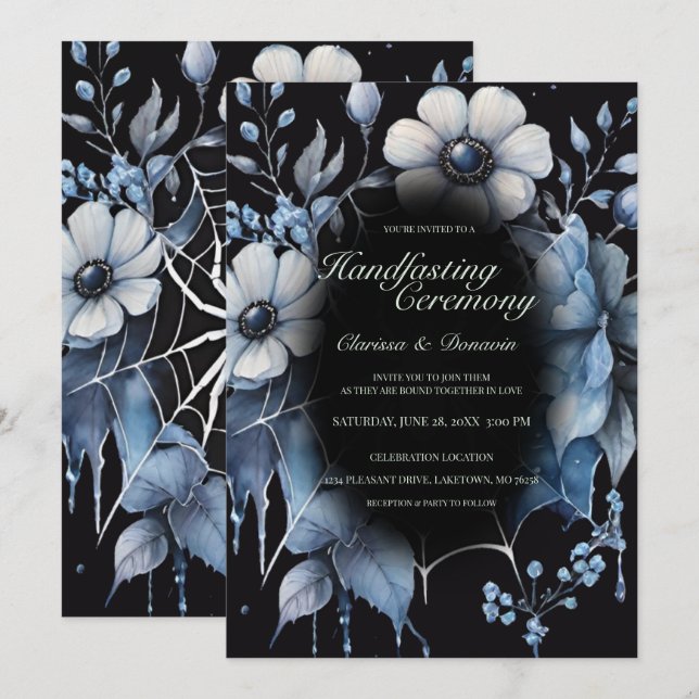Invitación Ayuno de la Web Floral Araña Azul Dusty Gótico (Anverso / Reverso)
