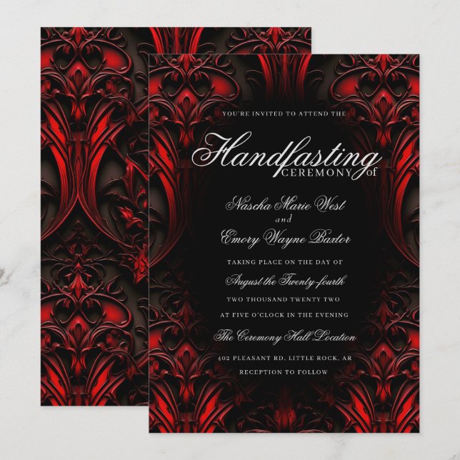 Invitación Ayuno elegante de Damasco Gótico Rojo y Negro (Anverso / Reverso)