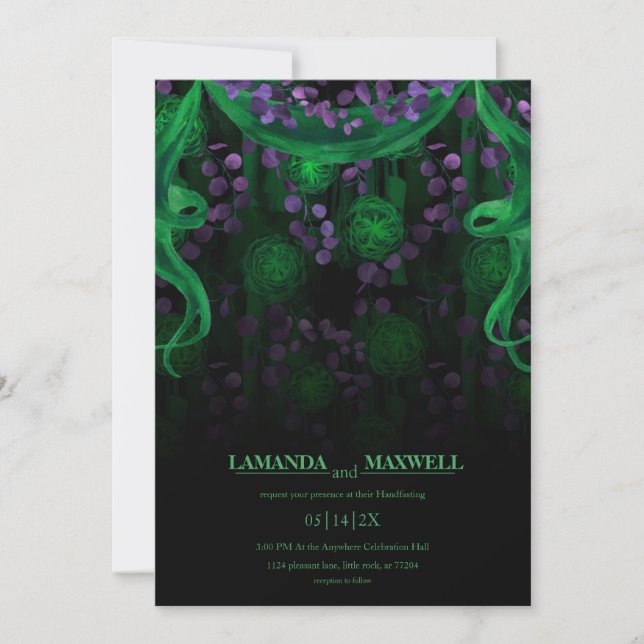 Invitación Ayuno verde de Boda brillante gótico floral (Anverso)