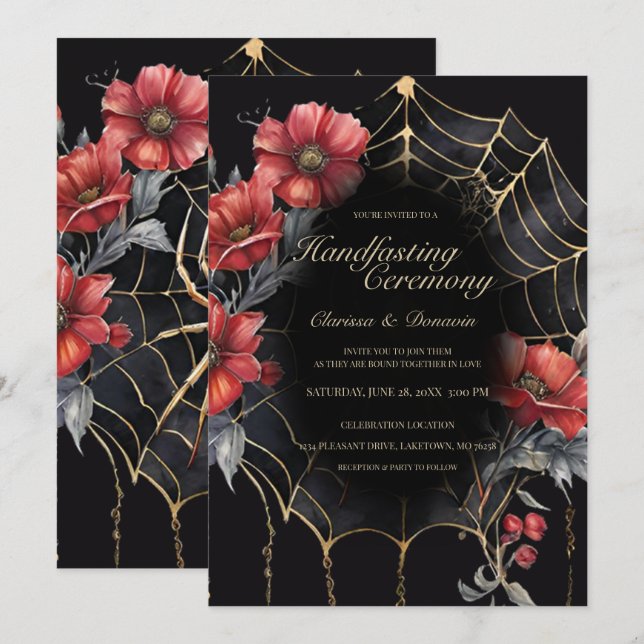 Invitación Ayuno web gótico de oro y araña roja (Anverso / Reverso)