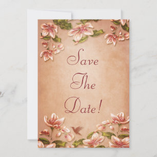 Invitación Azaleas Rosadas Vintage Floral Salva la Fecha Boda