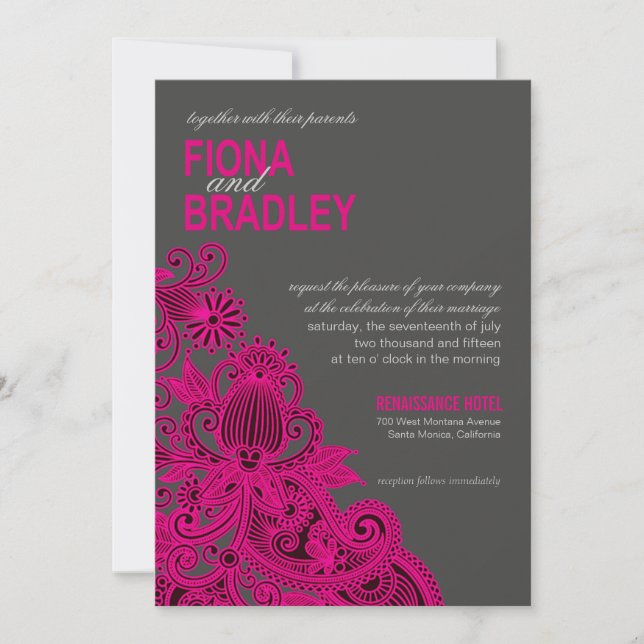 Invitación Aztec Paisley Boda fuschia (Anverso)