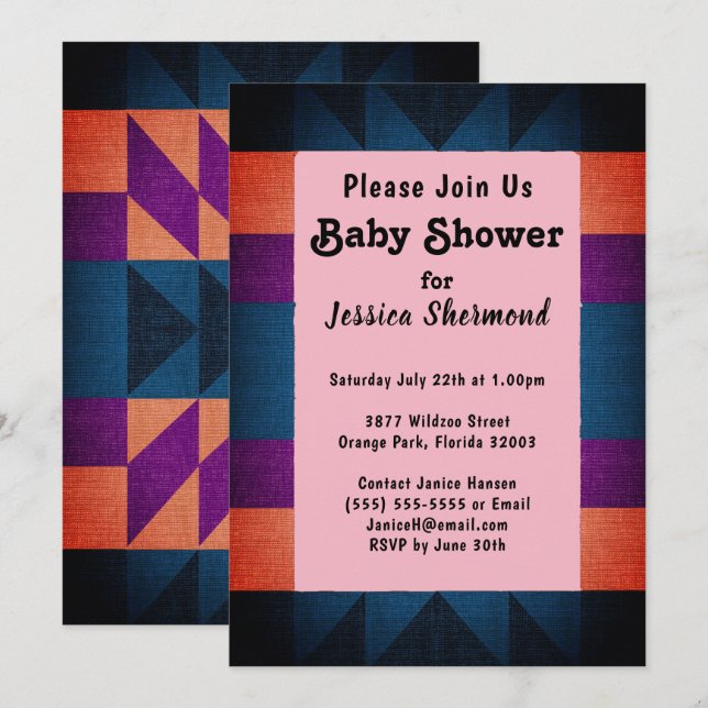 Invitación Aztec Tribal Artsy Baby Shower Blue Purple Naranja (Anverso / Reverso)