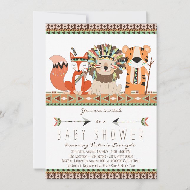 Invitación Aztec Tribal Fox Lion Tiger Baby Shower (Anverso)