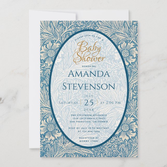 Invitación Azu Floral Fiesta de Bebé Marigold William Morris (Anverso)