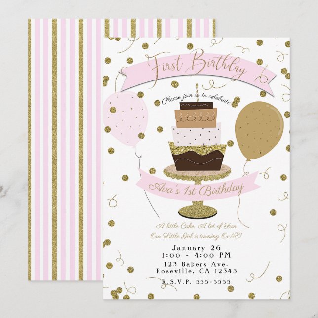 Invitación Azúcar rosa y dorado es dulce primer pastel de cum (Anverso / Reverso)