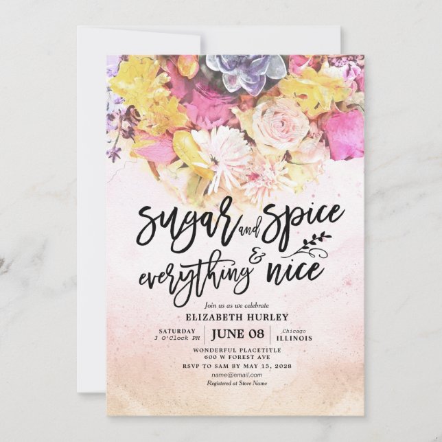 Invitación Azúcar y especias de Baby Shower floral y todo bue (Anverso)