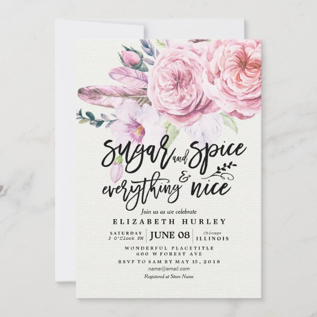 Invitación Azúcar y especias de Baby Shower floral y todo bue (Anverso)