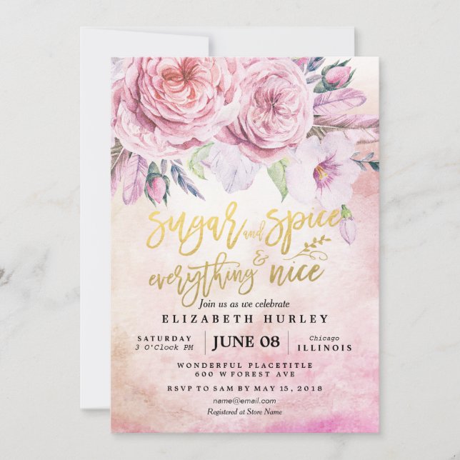 Invitación Azúcar y especias de Baby Shower floral y todo bue (Anverso)
