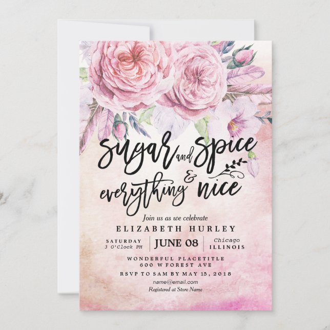 Invitación Azúcar y especias de Baby Shower floral y todo bue (Anverso)