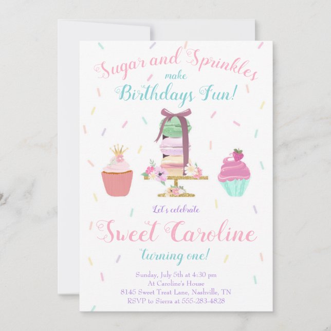 Invitación Azúcar y Sprinkles Sweet Tret Cumpleaños (Anverso)