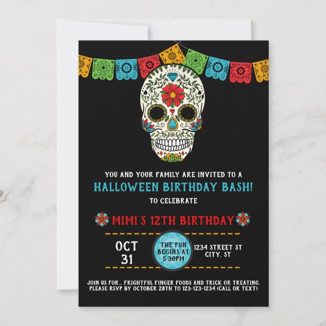 Invitación Azucare el cumpleaños del cráneo, día del muerto, (Anverso)