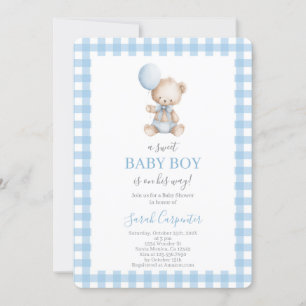 Invitación Azuche cuadriculado y tema de osito para Baby Show