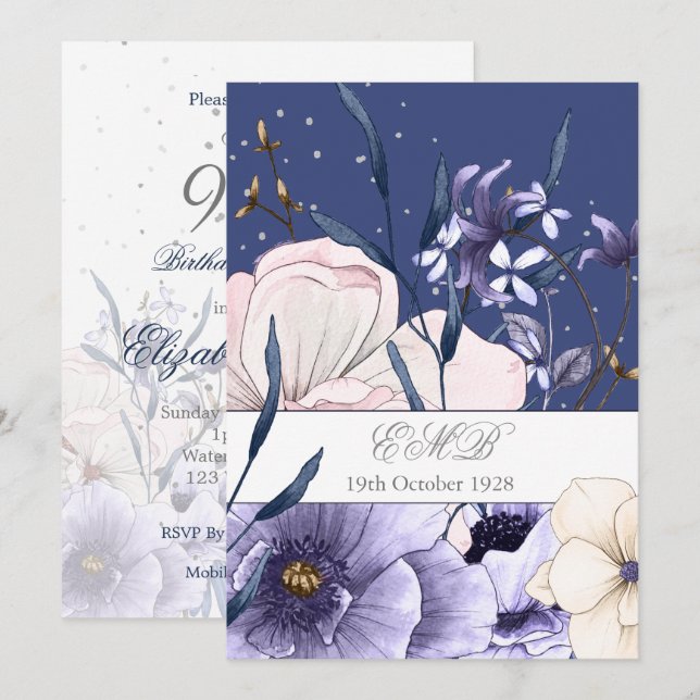 Invitación Azul 90.ª Moda Elegante Floral Plata (Anverso / Reverso)