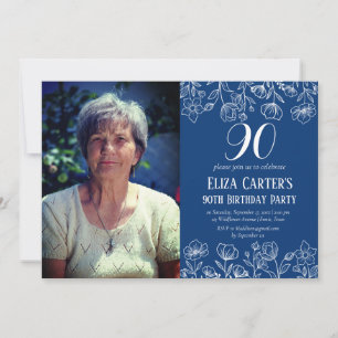 Invitación Azul 90.ª Noventa Aniversario Elegante Floral