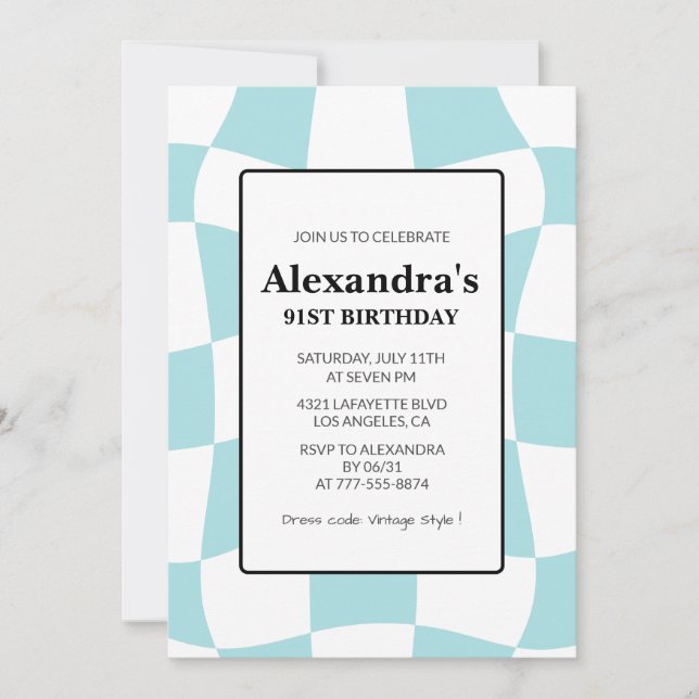 Invitación Azul a cuadros retro cumpleaños 91 (Anverso)