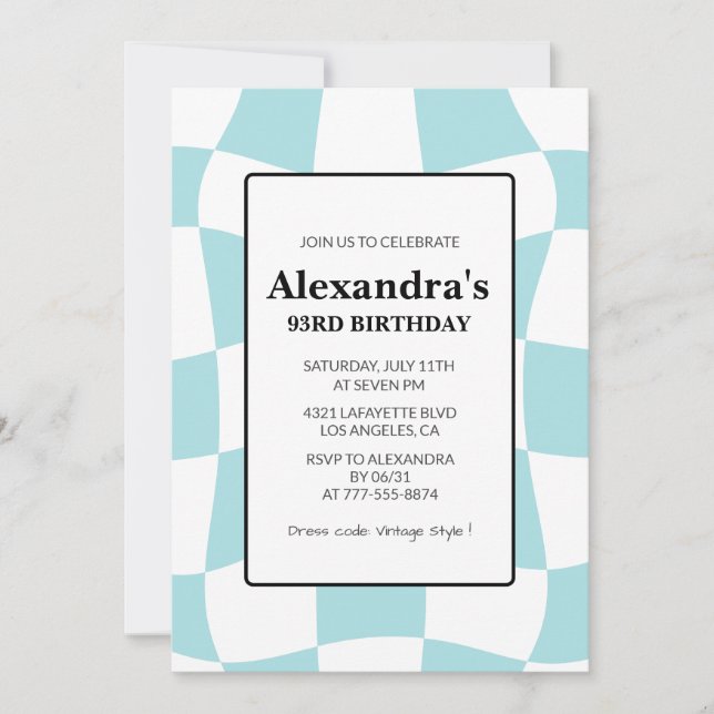 Invitación Azul a cuadros retro cumpleaños 93 (Anverso)