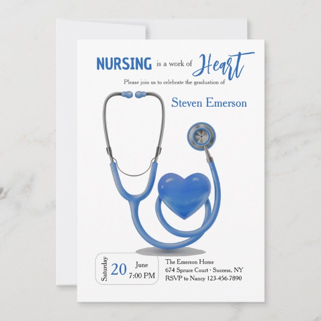 Invitación azul a la graduación de enfermería (Anverso)