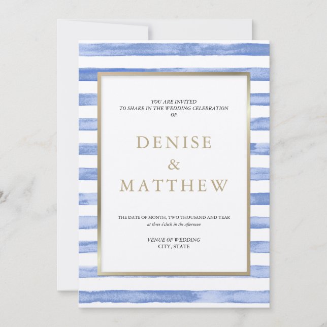 Invitación Azul Aciano Acuarela Raya y Letra Dorada (Anverso)