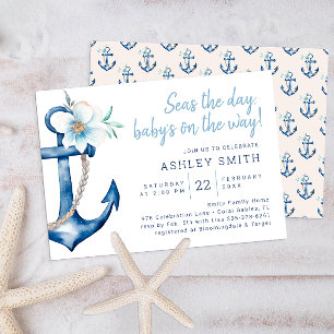 Invitación Azul acuarela Anclaje floral Baby Shower naumático