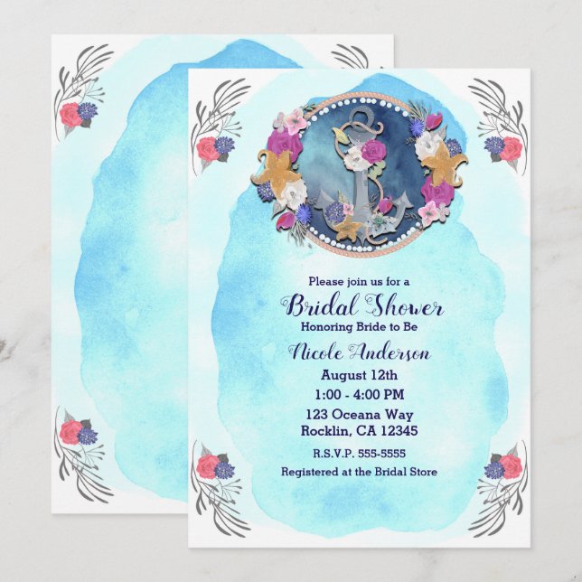 Invitación Azul acuarela Anclaje floral nauético moderno (Anverso / Reverso)