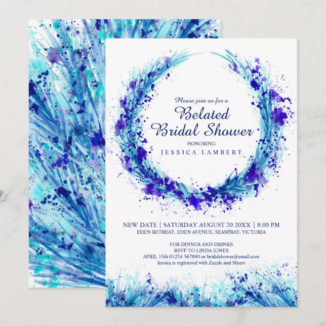 Invitación Azul acuarela arte splat bellamente ducha de novia (Anverso / Reverso)