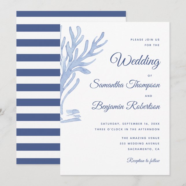 Invitación Azul acuarela Boda Náutico Tema de la playa (Anverso / Reverso)