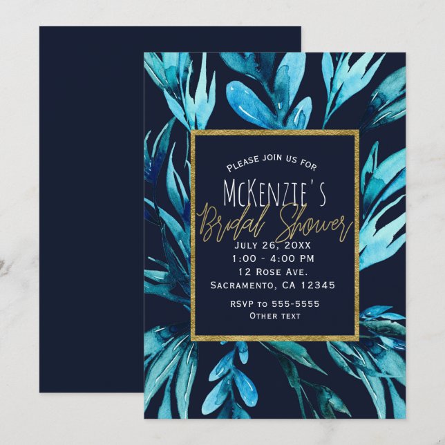 Invitación Azul acuarela Botánica Glam Bridal Shower (Anverso / Reverso)