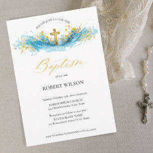 Invitación Azul acuarela Cruz de Oro Niño Bautismo